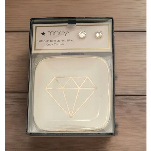 Macy's Women 14K Gold Over Sterling Silver Cubic Zirconia Round Cut Earrings New - Picture 1 of 2